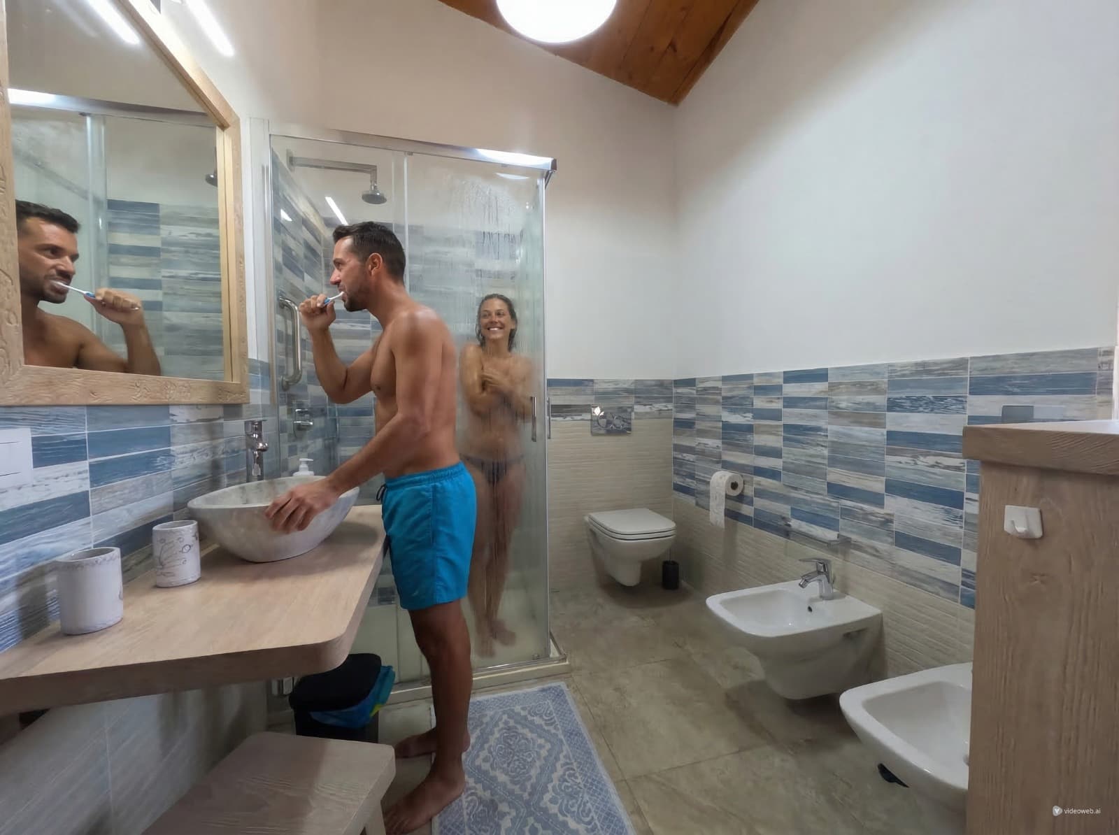 Bagno moderno con doccia e rivestimenti in stile mediterraneo a VillaDea.