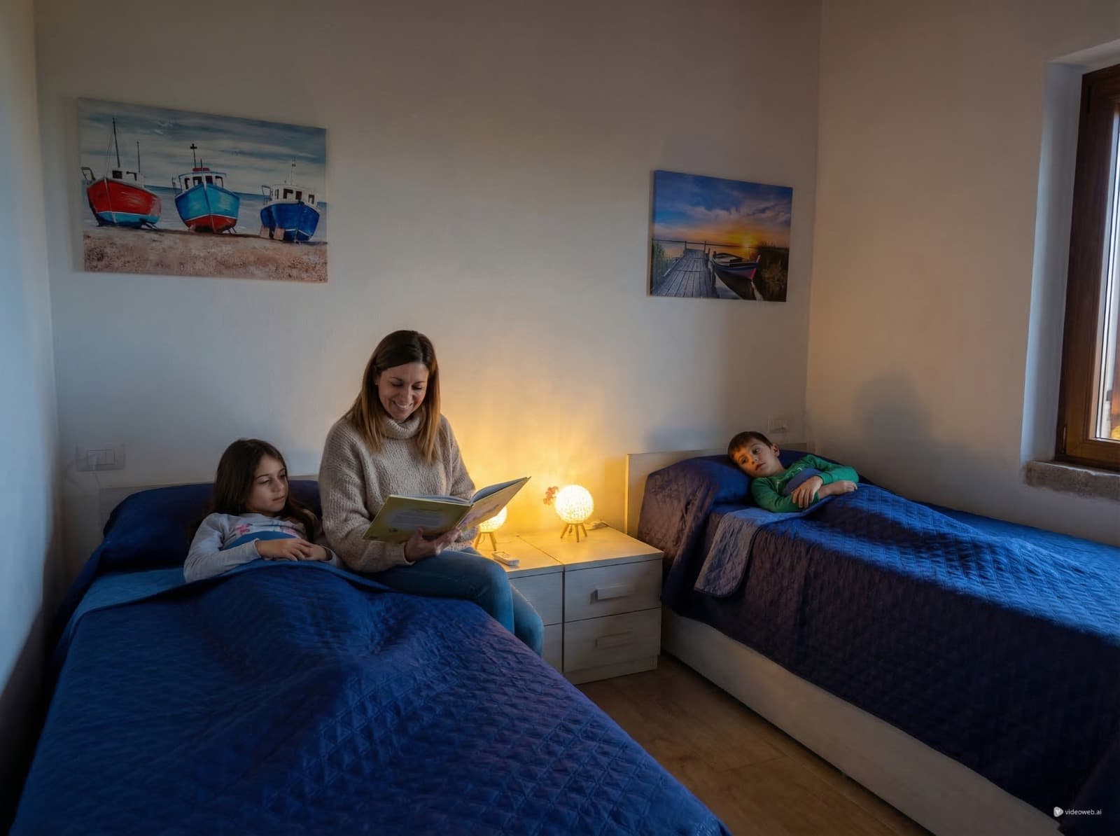 Camera con due letti singoli, mamma legge favola ai bambini a VillaDea.