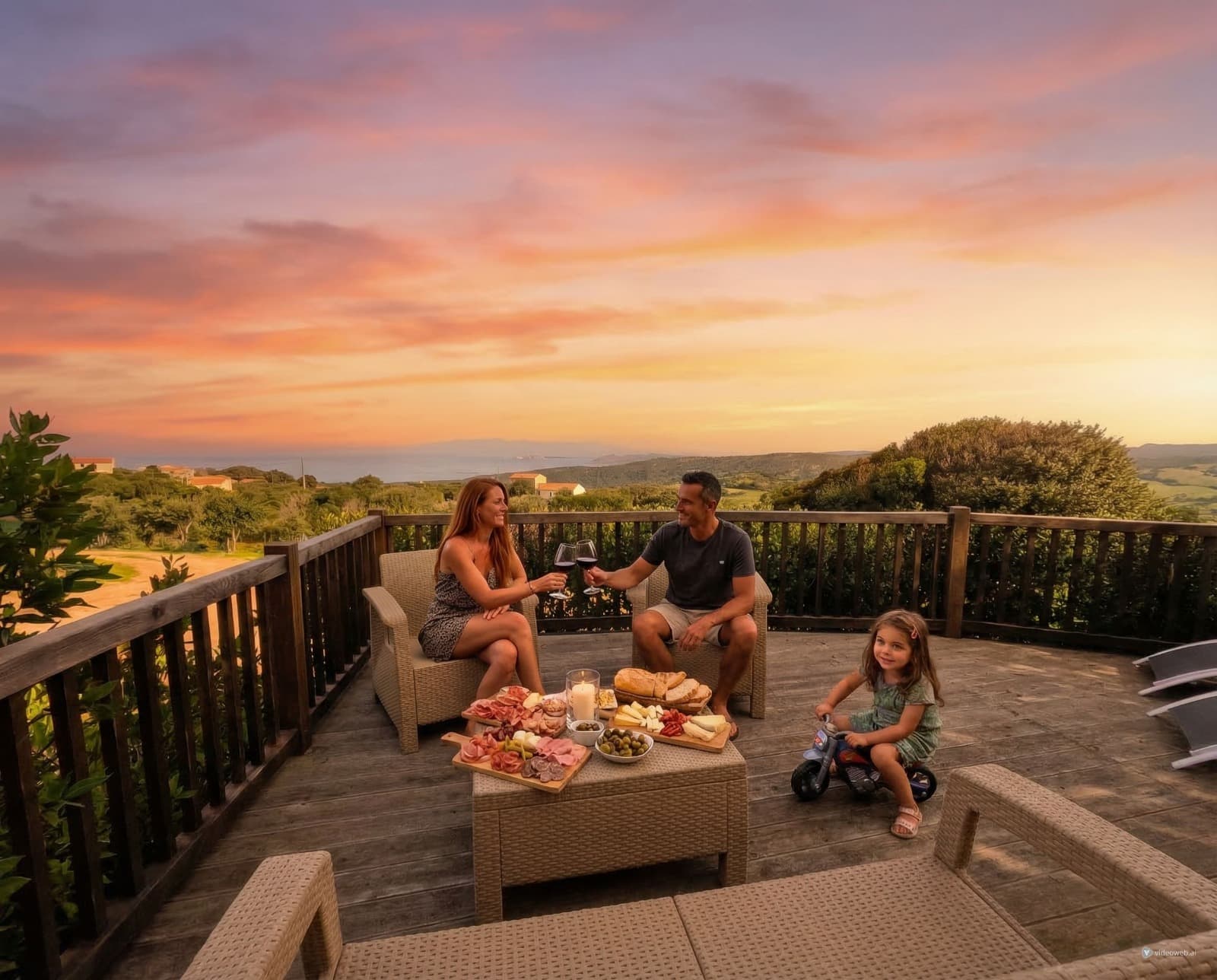 Terrazza panoramica di VillaDea al tramonto con tagliere sardo e vista mare.