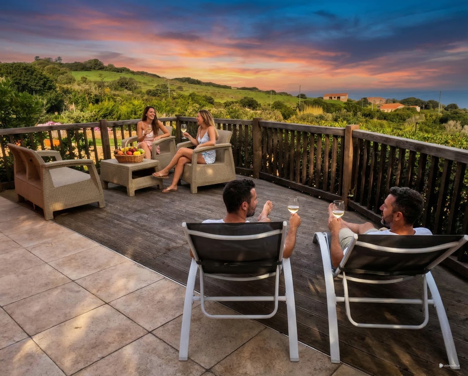 Terrazza panoramica di VillaDea al tramonto con tagliere sardo e vista mare.