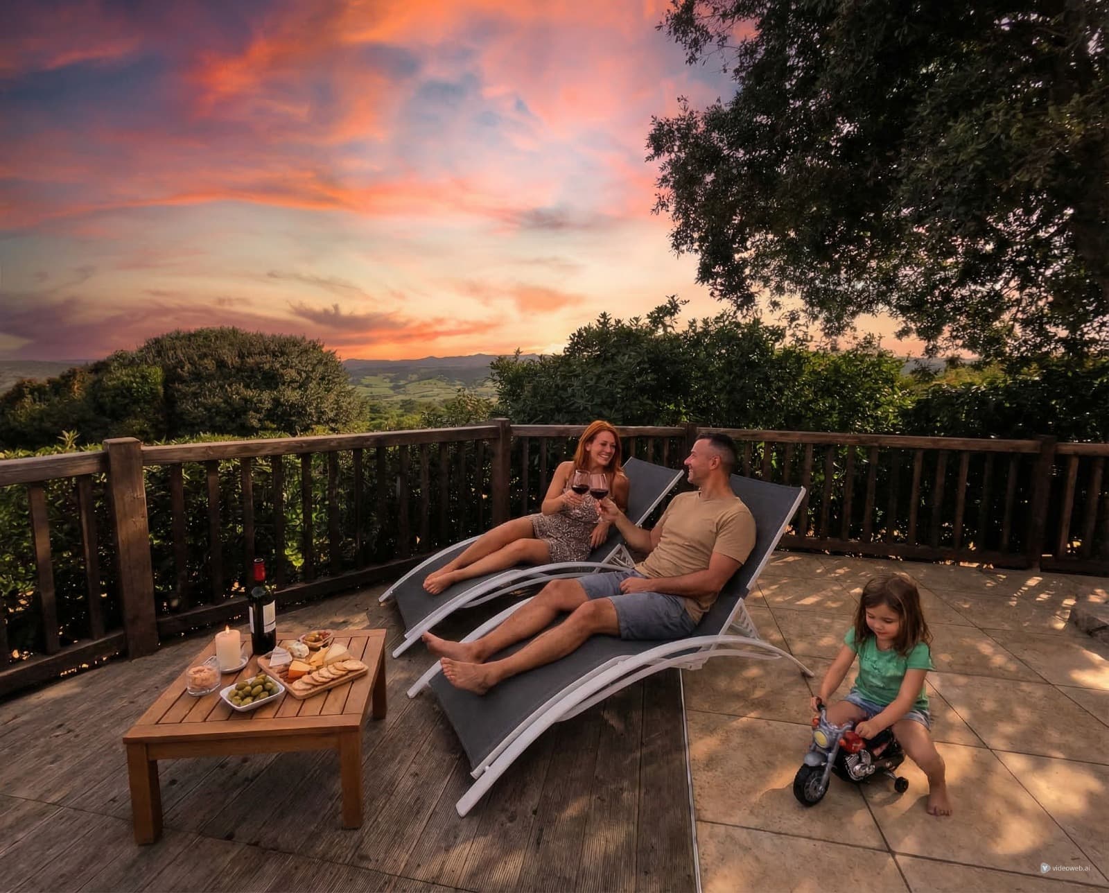 Terrazza panoramica di VillaDea al tramonto con tagliere sardo e vista mare.