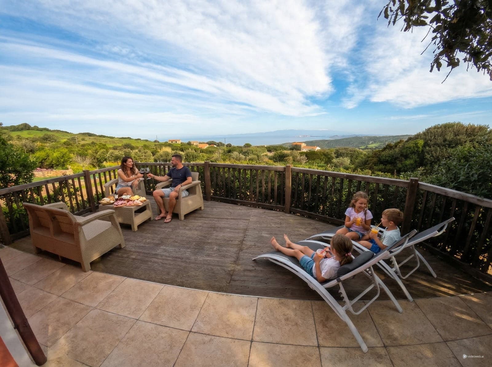 Terrazza panoramica di VillaDea al tramonto con tagliere sardo e vista mare.